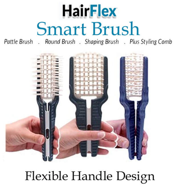 different views of the hair brush showing flexibility